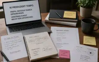 Arbeitsplatz mit Laptop und Notizen: Wie Unternehmen trotz KI-Content durch Verständlichkeit, Storytelling und echte Erfahrungen Profil gewinnen.