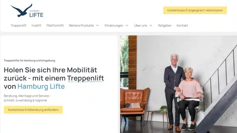 Hamburg Lifte als Arbeitsprobe für PR zu Treppenlift-Beratung und Mobilität im eigenen Zuhause.