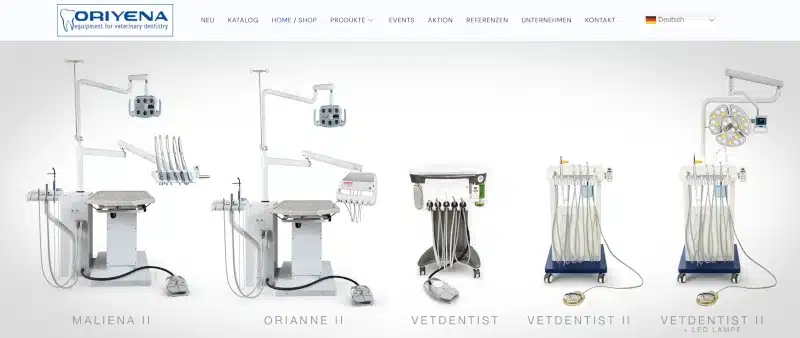 Oriyena Dental Geräteübersicht mit veterinärmedizinischen Dentalstationen für Tierzahnbehandlungen.