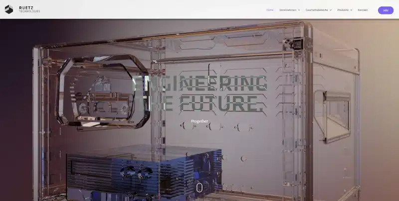 website-texte-engineering-unternehmen-ruetz-technologies Startseite von RUETZ TECHNOLOGIES mit dem Claim „Engineering the Future“ – Beispiel für Website-Texte und Unternehmenskommunikation im Engineering-Bereich
